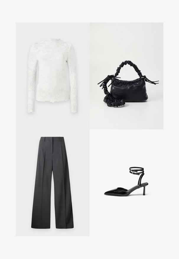 Haut blanc à manches longues avec un col haut, présentant un motif floral en dentelle subtile et un ourlet festonné.; Pantalons à jambes larges en tissu gris foncé, avec une taille haute, des plis simples et une texture lisse avec une finition soignée aux ourlets.; Chaussure à talon haut en cuir noir avec un bout pointu et une bride de cheville. Présente un design épuré et un talon fin de 5 cm. Texture lisse.; Sac à main en simili cuir noir avec une texture crocodile, un dessus resserré et une sangle froncée. A l'apparence douce et compacte.