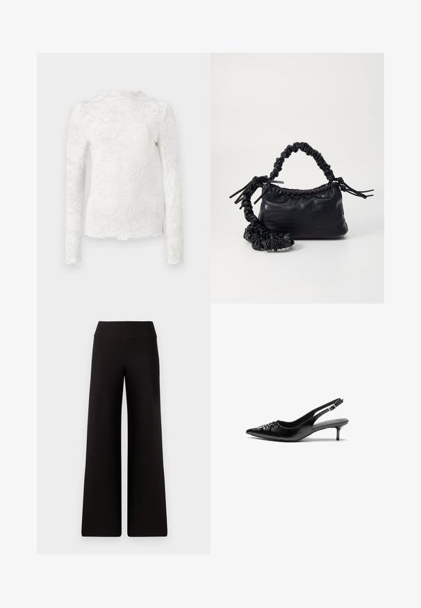 White long-sleeve top with high neckline, featuring a subtle floral lace pattern and scalloped hem.; Black wide-leg pants with a smooth waistband, made from a soft material. Features a loose fit and minimal stitching details.; Black leather slingback heels with a pointed toe, small kitten heel, and a decorative knot detail on the front. Smooth texture throughout.; Black faux leather handbag with a crocodile texture, cinched top, and a scrunched strap. Appears soft and compact in design.