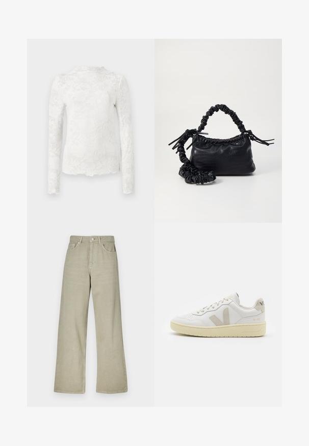 Blusa branca de manga longa com gola alta, apresentando um discreto padrão de renda floral e bainha assimétrica.; Jeans de perna larga em caqui, feitos de uma mistura de algodão. Apresenta um fecho de botão, cinco bolsos e um acabamento de tecido limpo e texturizado.; Sapatilha de couro branca com detalhes em camurça bege, biqueira perfurada, atacadores planos e sola texturizada creme. Apresenta uma marcação subtil no calcanhar.; Bolsa de mão em couro sintético preto com textura de crocodilo, topo franzido e alça enrugada. Apresenta um design suave e compacto.
