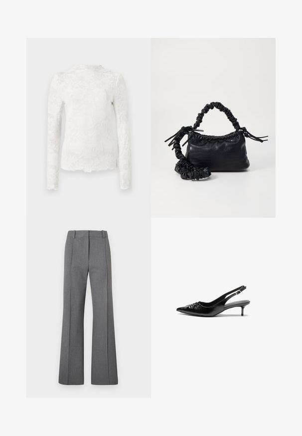 Hvid langærmet top med høj hals, der har et subtilt blomstermønster i blondestof og en bølget kant.; Grå stribede flared bukser med flad front, bæltesløjfer og glat tekstur. Design i fuld længde med subtile mønsterdetaljer.; Sorte læderslippers med spidse tæer, lille kitten hæl og en dekorativ knude detalje foran. Glat tekstur hele vejen rundt.; Sort kunstlæder håndtaske med krokodilteksur, indsnøret top og en sammenkrøben rem. Ser blød og kompakt ud i designet.