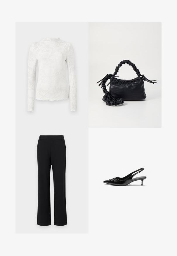 White long-sleeve top with high neckline, featuring a subtle floral lace pattern and scalloped hem.; Black, flared trousers with a smooth texture, mid-rise waistband, and side pockets. Simple design without patterns or embellishments.; Black leather slingback heels with a pointed toe, small kitten heel, and a decorative knot detail on the front. Smooth texture throughout.; Black faux leather handbag with a crocodile texture, cinched top, and a scrunched strap. Appears soft and compact in design.