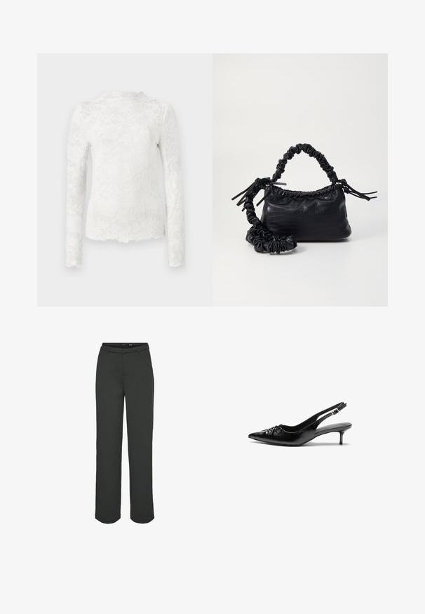 Hvit langermet topp med høy hals, med et subtilt blomstrete blondermønster og bølget kant.; Mørkegrønne bukser med vide ben laget av glatt stoff. Har en midje med beltehull, frontlommer og rett snitt.; Sorte skinnert remsandaler med spiss tå, liten kittenhæl og en dekorativ knute detalj foran. Glatt tekstur gjennom hele.; Svart faux skinn-håndveske med krokodilletekstur, strammet topp og en rynket stropp. Ser myk og kompakt ut i designen.