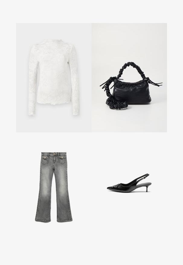Bela dolga majica z dolgimi rokavi in visokim ovratnikom, ki ima subtilen cvetlični čipkast vzorec in valovito obrobo.; Sive stajnice z razširjenimi hlačnicami, ki se ponašajo z zbledelim umivanjem, obliko petih žepov in kontrastno zlato opremo. Ravno pas z gumbom za zapiranje.; Črne usnjene slingback pete z izostrenim nosom, majhno mačje peto in okrasno vozličasto podrobnostjo na sprednjem delu. Gladka tekstura po celotni površini.; Črna torbica iz umetnega usnja s krokodilovo teksturo, z zvitim vrhom in zmečkano naramico. Zdi se mehka in kompaktna v oblikovanju.