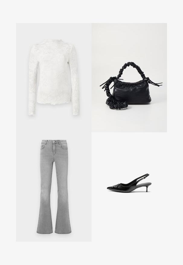 White long-sleeve top with high neckline, featuring a subtle floral lace pattern and scalloped hem.; Gray flared jeans made of denim, featuring a classic five-pocket design, a zipper fly, and subtle fading details along the legs.; Black leather slingback heels with a pointed toe, small kitten heel, and a decorative knot detail on the front. Smooth texture throughout.; Black faux leather handbag with a crocodile texture, cinched top, and a scrunched strap. Appears soft and compact in design.