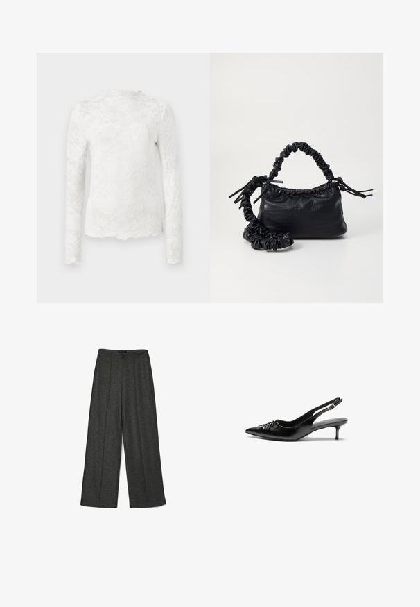 Top bianco a maniche lunghe con collo alto, caratterizzato da un sottile motivo in pizzo floreale e orlo scallop.; Pantaloni larghi grigio scuro realizzati in tessuto testurizzato, caratterizzati da una vita alta e due pince anteriori per un tocco di design in più.; Tacchi slingback in pelle nera con punta affusolata, piccolo tacco kitten e un dettaglio a nodo decorativo sulla parte anteriore. Texture liscia su tutta la superficie.; Borsa a tracolla in ecopelle nera con texture a coccodrillo, apertura cinchata e tracolla arricciata. Si presenta con un design morbido e compatto.