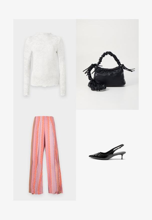 Vit långärmad topp med hög halsringning, som har ett subtilt blommigt spetsmönster och en vågig fåll.; Breda byxor med vertikala ränder i nyanser av rosa, orange och brun. Mönstren inkluderar blommiga och geometriska designer.; Svarta läder slingback klackar med spetsig tå, liten kittenklack och en dekorativ knutdetalj på framsidan. Slät textur hela vägen.; Svart faux läderhandväska med krokodiltextur, snodd topp och en skrämd rem. Ser mjuk och kompakt ut i designen.