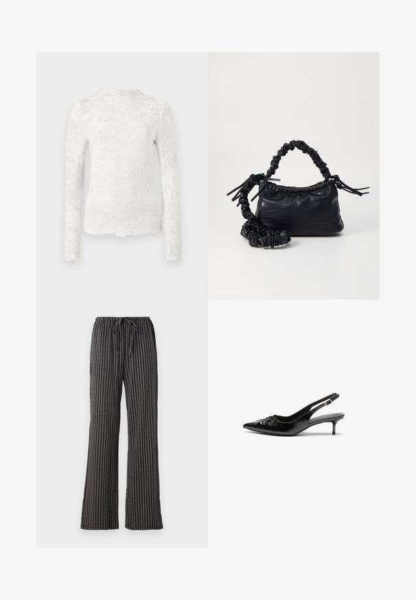 Balta ilgomis rankovėmis palaidinė su aukštu apykaklės kraštu, papuošta subtiliu gėlių nėrinių raštu ir banguotu apatine dalimi.; Juodai balti dryžuoti pižamos kelnių, su raišteliu liemeniui, plačiomis kojomis ir minkšta, tekstūruota medžiaga su vertikaliomis linijomis.; Juodos odinės slingback aukštakulniai su smailiu nosiu, mažais katės kulnais ir dekoratyvine mazgo detale priekyje. Visas paviršius lygus.; Juodas dirbtinės odos rankinė su krokodilo tekstūra, sušnibždinta viršuje ir susikraipytu dirželiu. Atrodo minkšta ir kompaktiška.