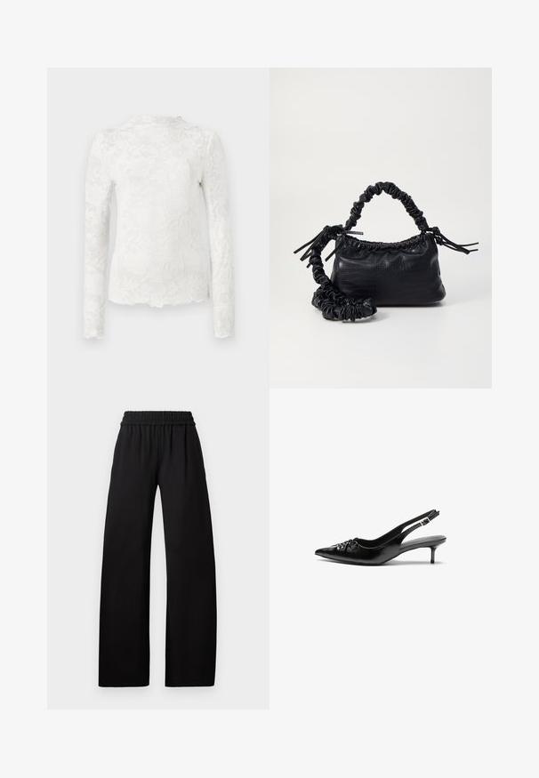 White long-sleeve top with high neckline, featuring a subtle floral lace pattern and scalloped hem.; Black wide-leg pants with an elastic waistband, featuring a smooth texture and a floor-length design for a relaxed fit.; Black leather slingback heels with a pointed toe, small kitten heel, and a decorative knot detail on the front. Smooth texture throughout.; Black faux leather handbag with a crocodile texture, cinched top, and a scrunched strap. Appears soft and compact in design.