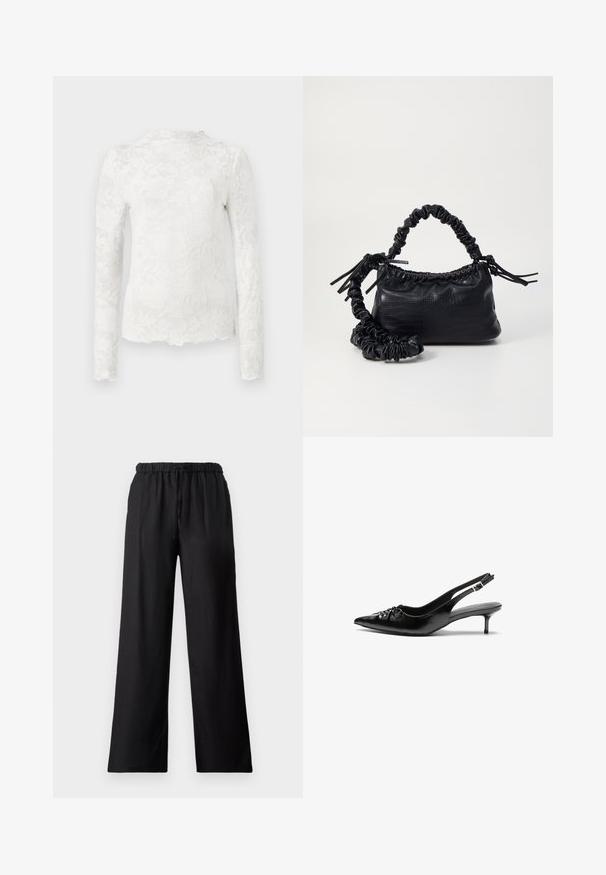 White long-sleeve top with high neckline, featuring a subtle floral lace pattern and scalloped hem.; Black wide-leg trousers made of lightweight fabric, featuring an elastic waistband with a drawstring and a smooth texture.; Black leather slingback heels with a pointed toe, small kitten heel, and a decorative knot detail on the front. Smooth texture throughout.; Black faux leather handbag with a crocodile texture, cinched top, and a scrunched strap. Appears soft and compact in design.