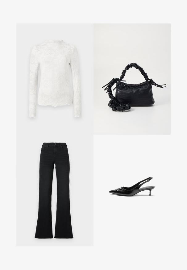 White long-sleeve top with high neckline, featuring a subtle floral lace pattern and scalloped hem.; Black high-waist flared jeans with front pockets, belt loops, and button closure against a white background.; Black leather slingback heels with a pointed toe, small kitten heel, and a decorative knot detail on the front. Smooth texture throughout.; Black faux leather handbag with a crocodile texture, cinched top, and a scrunched strap. Appears soft and compact in design.