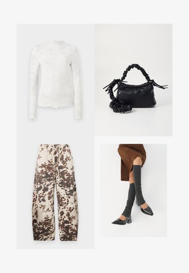 Blusa blanca de manga larga con cuello alto, que presenta un sutil patrón de encaje floral y un dobladillo con puntilla.; Pantalones de pierna ancha de mezcla de algodón en beige con un patrón de manchas marrones. Cuentan con una cinturilla elástica y dos bolsillos laterales.; Zapatos de charol negros con punta afilada, tacón bloque y tira de tobillo, combinados con calentadores de piernas de canalé grises y una falda de ante marrón.; Bolso de mano de imitación cuero negro con textura de cocodrilo, parte superior fruncida y correa arrugada. Presenta un diseño suave y compacto.