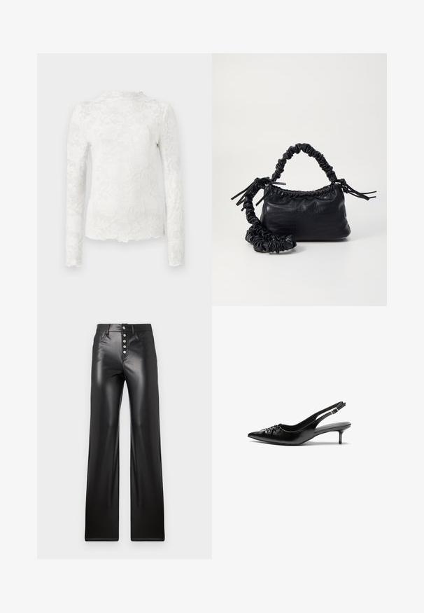 White long-sleeve top with high neckline, featuring a subtle floral lace pattern and scalloped hem.; ONLY ONLSMOOTH - Trousers - black; Black leather slingback heels with a pointed toe, small kitten heel, and a decorative knot detail on the front. Smooth texture throughout.; Black faux leather handbag with a crocodile texture, cinched top, and a scrunched strap. Appears soft and compact in design.