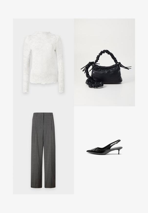 Top alb cu mânecă lungă, cu decolteu înalt, având un model subtil din dantelă florală și margine ondulată.; Vero Moda VMSIKITA WIDE DAD PANT - Pantaloni - medium grey/black; Cizme slingback din piele neagră, cu vârf ascuțit, toc mic de tip kitten heel și un detaliu decorativ sub formă de nod în față. Textură netedă pe întreaga suprafață.; Geantă din faux leather neagră cu textură de crocodil, cu partea superioară strânsă și o curea mototolită. Pare moale și compactă ca design.