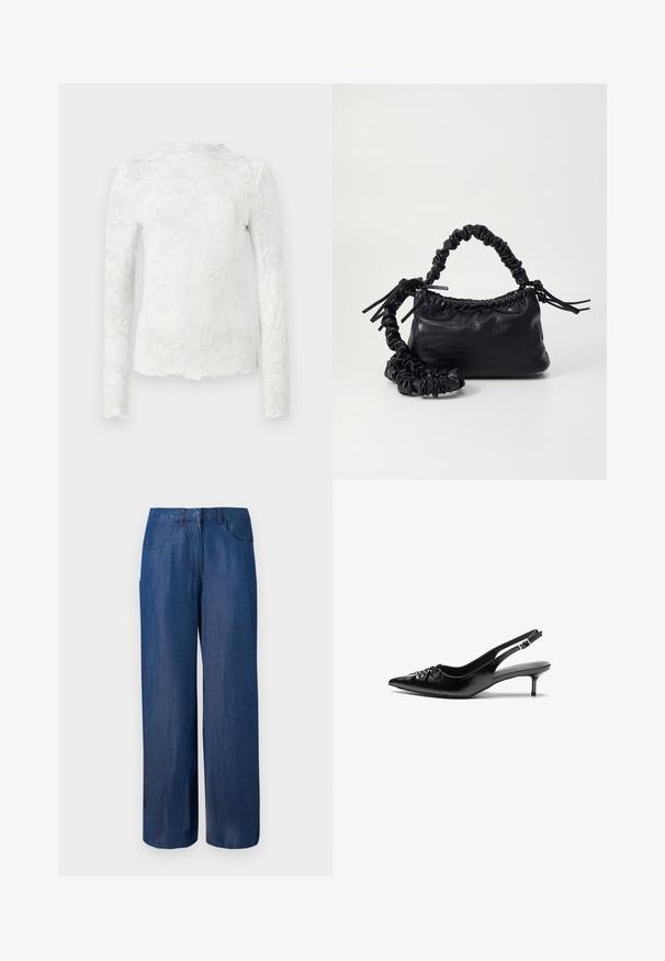 Valge pikkade varrukatega särk kõrge kaelusega, millel on peen lilleline pitsimuster ja laineline äär.; Tumed sinised laiad püksid. Valmistatud puuvillast, millel on sile tekstuur. Omab kahte eesmist taskut ja nööbi kinnitust vööl.; Musthave nahkased kõrged kontsad, millel on terav varvas, väike kitten-kont ja dekoratiivne sõlm ees. Ühtlane sile tekstuur.; Must must sünteetilisest nahast käekott, millel on krokodillimuster, kokku tõmmatav ülaosa ja kortsus rihm. Tundub pehme ja kompaktne disain.