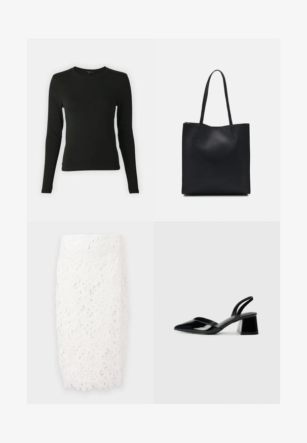Svart långärmad skjorta i mjukt tyg, med rund halsringning och figurnära passform, utan synliga mönster eller detaljer.; Vit spets blyertskjol med blommönster, en figurnära silhuett och vågig nederkant för extra detalj. Tillverkad av delikat spetstyg.; Svarta lackläder slingback klackar med spetsig tå och geometrisk klack. Har en elegant, minimalistisk design och slät yta.; Svart lädertoffelväska med slät textur, rektangulär form och två långa handtag. Ingen synlig hårdvara eller dekorationer.