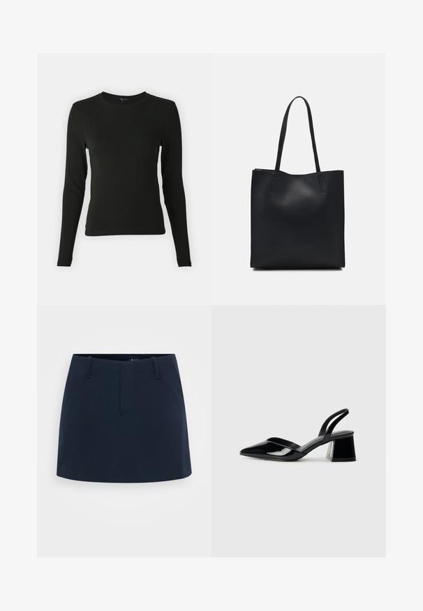Langermet svart skjorte laget av glatt stoff, med rund halslinning og innsnevret passform, uten synlige mønstre eller aksenter.; Mørkeblå skjørt med en tettsittende design, som har flat front, beltestropper og ingen synlige lommer. Laget av teksturert stoff.; Svarte patentlær slingback hæler med spiss tå og geometrisk blokk hæl. Har et stilrent, minimalistisk design og jevn tekstur.; Svart lær tote bag med glatt tekstur, rektangulær form og to lange håndtak. Ingen synlige deler eller dekorasjoner.