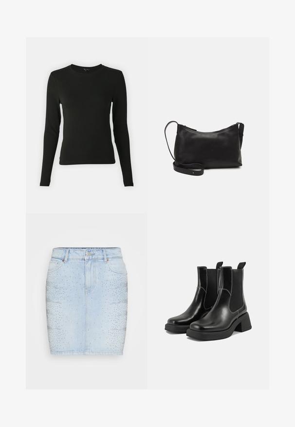 Cămașă neagră cu mânecă lungă, realizată dintr-un material neted, având un guler rotund și o croială ajustată, fără modele sau accente vizibile.; Fustă din denim albastru deschis, cu un design ajustat, talie medie și embellisată cu ținte argintii într-un model gradient pe o parte.; Botine Chelsea din piele neagră, cu toc masiv, panouri laterale elastice și cusături albe contrastante. Finisaj texturat.; Geantă de umăr din piele neagră, cu o textură netedă, formă curbată, curea ajustabilă și închidere cu fermoar. Design minimalist, fără embellishments.