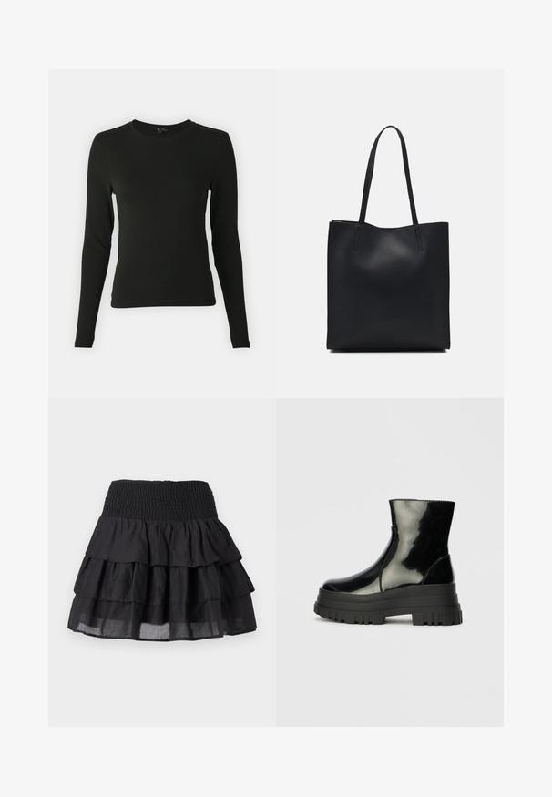 Langermet svart skjorte laget av glatt stoff, med rund halslinning og innsnevret passform, uten synlige mønstre eller aksenter.; Svart lagdelt skjørt med smocket liv. Har tre lag med volanger og et lett stoff for en luftig utseende.; Svart, blank ankelstøvel med tykk såle og rund tå, sett fra siden på en enkel, lys grå bakgrunn.; Svart lær tote bag med glatt tekstur, rektangulær form og to lange håndtak. Ingen synlige deler eller dekorasjoner.