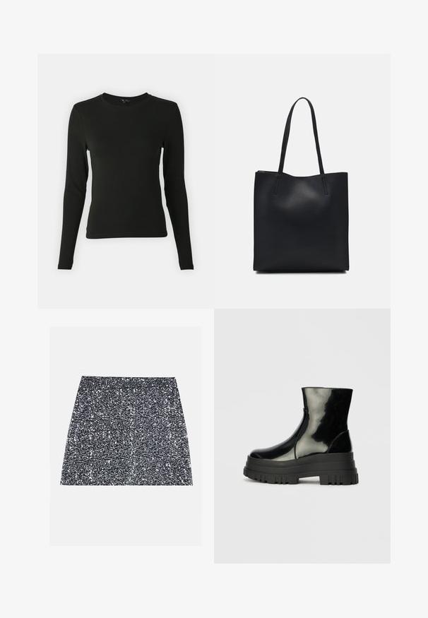 Črna majica s dolgimi rokavi iz gladke tkanine, okroglega izreza in prilegajoče oblike, brez vidnih vzorcev ali poudarkov.; Srebrna mini krilo s sequinci, ki ima teksturiran vzorec in ravno krojenje. Tkanina se zdi svetleča in odsevna.; Črne sijajne gležnjarje z debelim profilom podplata in zaobljenim nosom, stranski pogled na enostavni svetlo sivi ozadju.; Črna usnjena torba s svilnato teksturo, pravokotne oblike in dvema dolgima ročajema. Brez vidnih metalnih delov ali okrasnih elementov.