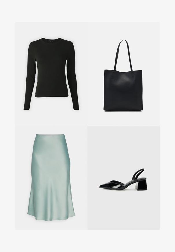 Juodas ilgomis rankovėmis marškinys, pagamintas iš lygaus audinio, su apvaliu iškirpimu ir prigludusia forma, be matomų raštų ar akcentų.; Mėtų žalios satino sijonas, turintis lygų tekstūrą, elegantišką siluetą ir lengvą įpjovimą vienoje pusėje. Nėra matomų detalių ar raštų.; Juodos lakuotos odinės šlepetės su smailiu pirštu ir geometriniu bloko kulnu. Turi elegantišką, minimalistinį dizainą ir lygų paviršių.; Juodas odinis tote krepšys su lygia tekstūra, stačiakampio formos ir dviem ilgais rankenomis. Matomų metalinių detalių ar puošybos nėra.