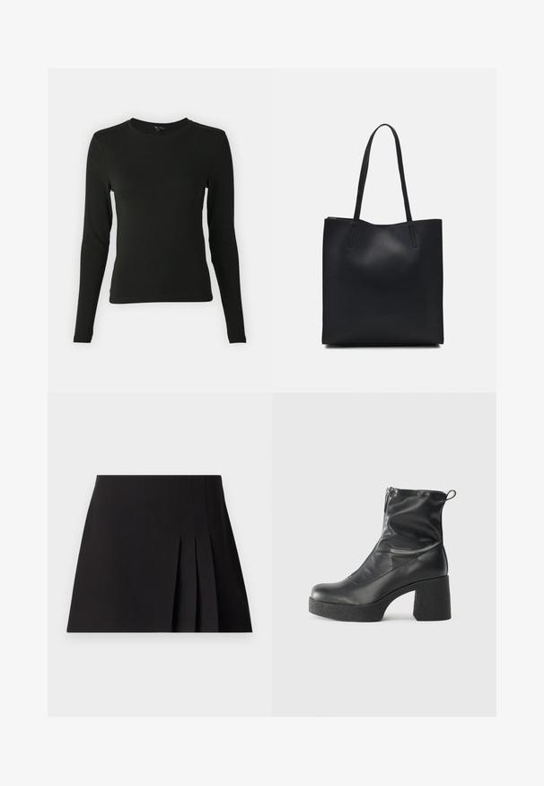 Long-sleeve black shirt made of smooth fabric, featuring a round neckline and fitted shape, with no visible patterns or accents.; Black pleated mini skirt made of smooth fabric. Features a fitted waistband and subtle stitching details along the pleats for texture.; Black ankle boots made of smooth leather, featuring a side zipper, chunky textured heel, and rounded toe design.; Black leather tote bag with smooth texture, rectangular shape, and two long handles. No visible hardware or embellishments.