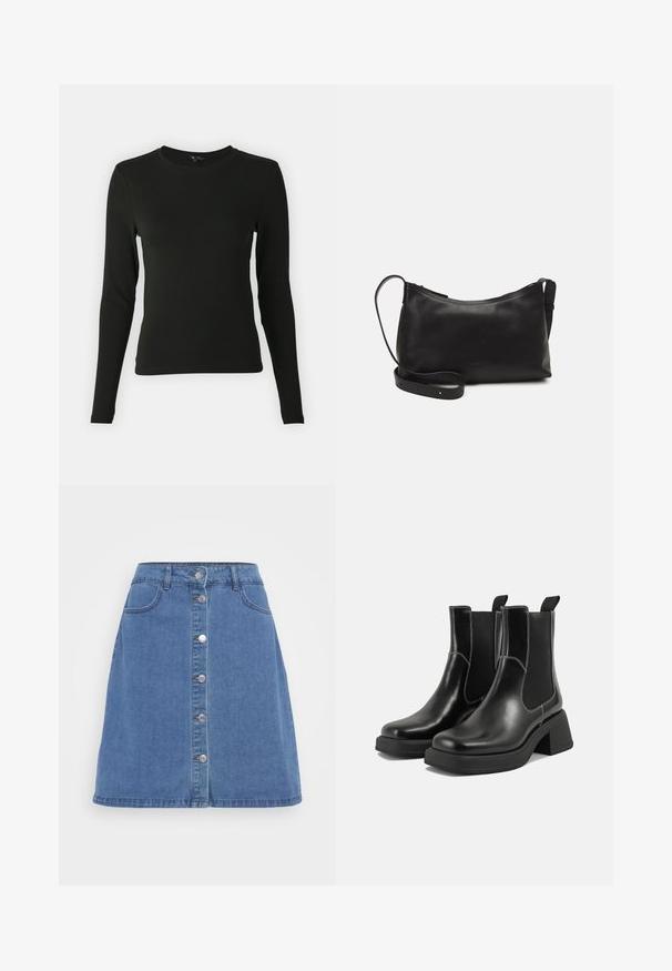 Crna majica dugih rukava izrađena od glatkog materijala, s okruglim izrezom i prilagođenim oblikom, bez vidljivih uzoraka ili ukrasa.; Denim A-linija suknja svijetloplave boje, s prednjim zatvaranjem na gumbe, dva džepa i sirovim rubom. Klasičan dizajn s pet džepova.; Crne kožne Chelsea čizme s debelim potplatom, elastičnim bočnim panelima i kontrastnim bijelim šavovima. Teksturirana površina.; Crna kožna torba na rame s glatkom teksturom, zakrivljenim oblikom, podesivim remenom i zatvaranjem na patentni zatvarač. Minimalistički dizajn bez ukrasa.