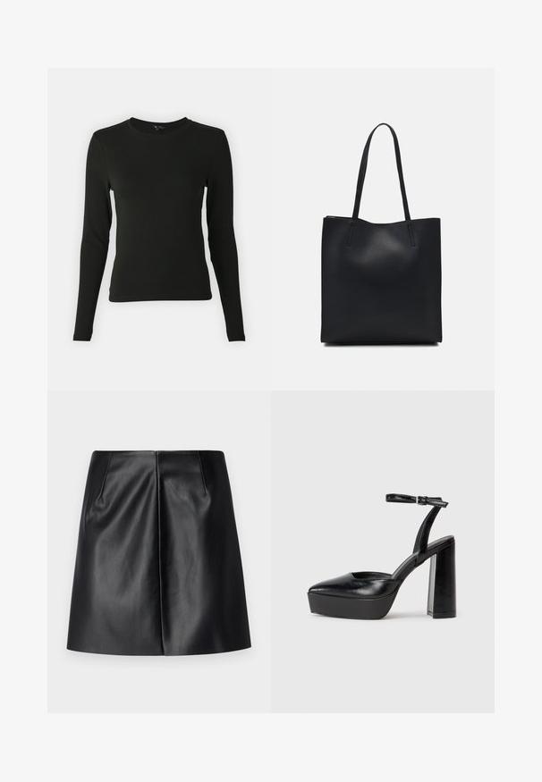 Langermet svart skjorte laget av glatt stoff, med rund halslinning og innsnevret passform, uten synlige mønstre eller aksenter.; Svart lærskjørt med en jevn tekstur, med to frontfolder og en rett silhuett. Ingen synlig maskinvare eller mønstre.; Sorte plattformhelter med spiss tå og justerbar ankelrem. Laget av glatt lær, med en robust blokkhel.; Svart lær tote bag med glatt tekstur, rektangulær form og to lange håndtak. Ingen synlige deler eller dekorasjoner.