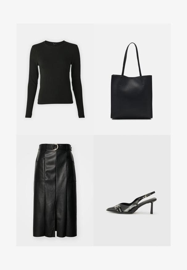 Cămașă neagră cu mânecă lungă, realizată dintr-un material neted, având un guler rotund și o croială ajustată, fără modele sau accente vizibile.; Fustă midi din piele ecologică neagră, cu o fanta frontală, suprafață texturată și o curea lată care are o cataramă metalică circulară.; Pantofii slingback din piele lăcuită neagră, cu vârf ascuțit, bretele pentru gleznă cu catarame și accesorii din argint, și un toc subțire.; Geantă tote neagră din piele, cu textură netedă, formă rectangulară și două mânere lungi. Fără hardware vizibil sau ornamente.