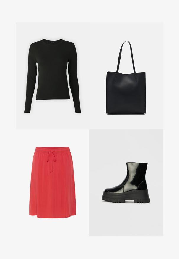 Halenka s dlhým rukávom v čiernej farbe, vyrobená z hladkej látky, so zaobleným výstrihom a priliehavým strihom, bez viditeľných vzorov alebo akcentov.; Sukňa po kolená v koralovej farbe s jemnou, splývavou textúrou. Obsahuje elastický pás so šnúrkou na nastaviteľné prispôsobenie.; Čierne lesklé členkové čižmy s hrubou podrážkou a zaoblenou špičkou, bočný pohľad na jednoduchom svetlošedom pozadí.; Čierna kožená taška na rameno s hladkým povrchom, obdĺžnikovým tvarom a dvoma dlhými uchami. Bez viditeľného kovania alebo ozdôb.