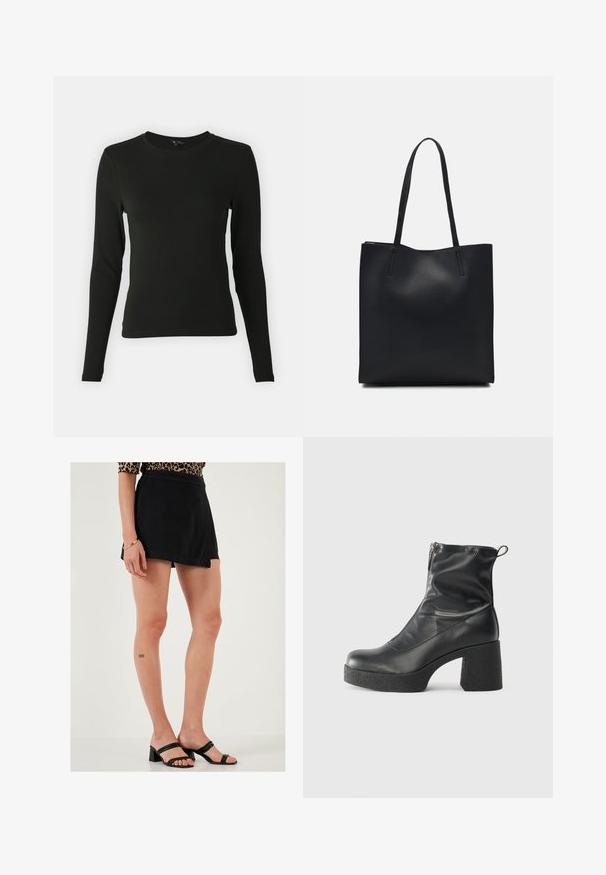 Maglietta nera a maniche lunghe realizzata in tessuto morbido, con scollo rotondo e forma aderente, senza motivi o accenti visibili.; LELA Shorts - black; Stivali neri alla caviglia in pelle liscia, con zip laterale, tacco spesso e texture, e punta arrotondata.; Borsa tote in pelle nera con texture liscia, forma rettangolare e due manici lunghi. Nessun hardware o decorazione visibile.