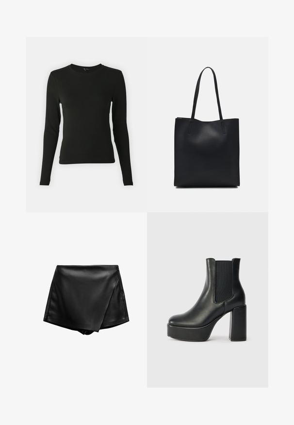 Czarna koszula z długim rękawem, wykonana z gładkiego materiału, z okrągłym dekoltem i dopasowanym krojem, bez widocznych wzorów czy akcentów.; Czarne, sztuczne skórzane szorty z wysokim stanem o owiniętym designie i gładkiej teksturze. Posiadają czyste linie i brak widocznych zapięć.; Czarne skórzane botki za kostkę na masywnym obcasie, z elastycznymi panelami bocznymi i gładką fakturą. Posiadają platformę dla dodatkowej wysokości.; Czarna skórzana torba tote o gładkiej fakturze, prostokątnym kształcie i dwóch długich uchwytach. Brak widocznych elementów metalowych i ozdób.