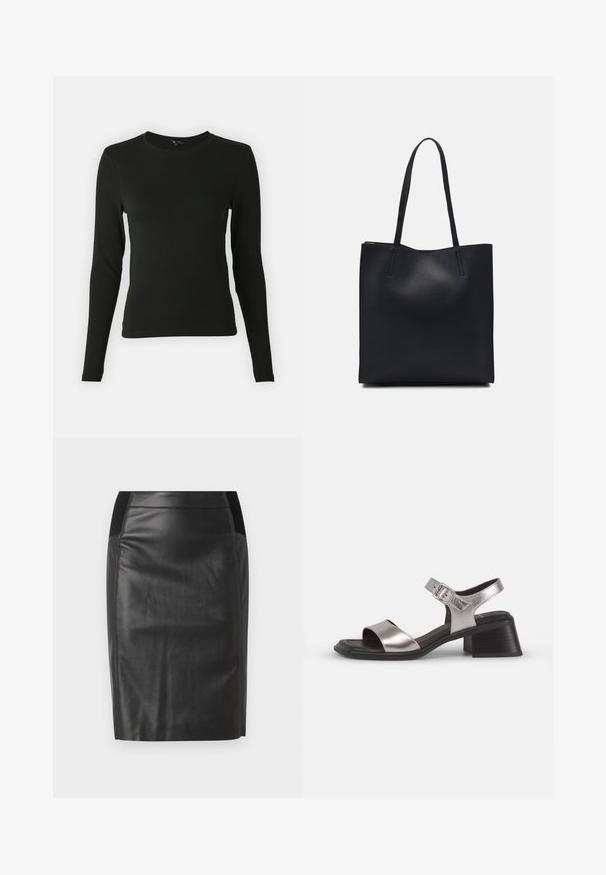 Cămașă neagră cu mânecă lungă, realizată dintr-un material neted, având un guler rotund și o croială ajustată, fără modele sau accente vizibile.; Fustă creion din piele neagră, cu un design ajustat, textură netedă și talie elastică pe ambele părți. O margine plată la baza fustei.; Sandale din piele argintie cu vârful deschis, având o curea frontală lată, curea pentru gleznă cu cataramă și un toc mediu pătrat.; Geantă tote neagră din piele, cu textură netedă, formă rectangulară și două mânere lungi. Fără hardware vizibil sau ornamente.