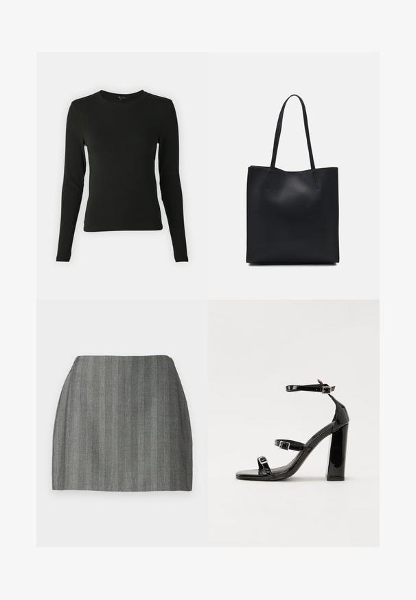 Juodas ilgomis rankovėmis marškinys, pagamintas iš lygaus audinio, su apvaliu iškirpimu ir prigludusia forma, be matomų raštų ar akcentų.; Pilkos spalvos mini sijonas su tekstūruotu audiniu, turintis vertikalias linijas ir prigludusį liemenį. Tiesus siluetas ir lygus paviršius.; Juoda blizgi lakuota basutė su kvadratiniu pirštu, kulkšnies dirželiais ir sidabro sagtimis. Yra tvirta blokinė kulno konstrukcija, užtikrinanti stabilumą.; Juodas odinis tote krepšys su lygia tekstūra, stačiakampio formos ir dviem ilgais rankenomis. Matomų metalinių detalių ar puošybos nėra.