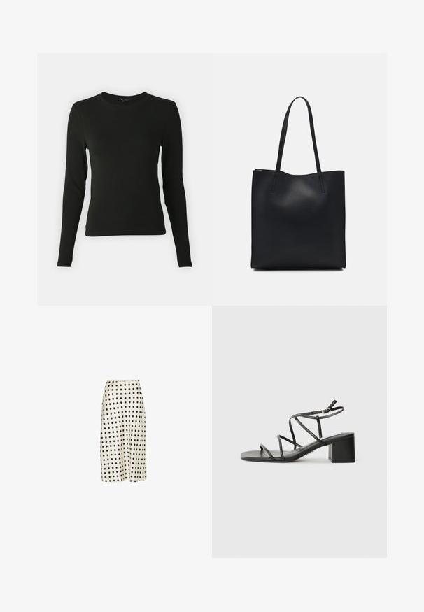 Schwarzes Langarmshirt aus glattem Stoff, mit rundem Ausschnitt und taillierter Passform, ohne sichtbare Muster oder Akzente.; Midi-Rock aus glattem Stoff in Creme mit großen schwarzen Polka Dots, mit einer ausgestellten Silhouette und einem bequemen Bund.; Schwarze Riemchensandalen mit quadratischer Spitze und einem breiten Absatz, aus glattem Material gefertigt. Sie verfügen über verstellbare Knöchelriemen und minimalen Beschlag.; Schwarze Laptoptasche aus Leder mit glatter Textur, rechteckiger Form und zwei langen Griffen. Keine sichtbaren Beschläge oder Verzierungen.