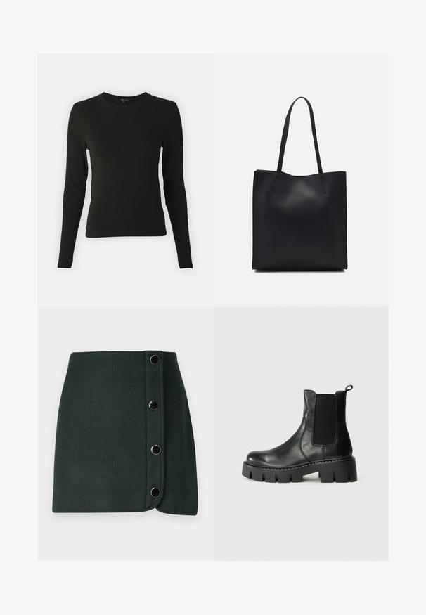 Melnā garas formas krekls, izgatavots no gludas auduma, ar apaļu kakla izgriezumu un pieguļošu siluetu, bez redzamām rakstām vai akcentiem.; Tumši zaļš vilnas maisījuma apvalks ar sānu pogu aizdari, kas aprīkots ar piecām metalizētām pogām un gludu tekstūru.; Melnas ādas potīšu zābaki ar elastīgām sānu paneļiem, biezu zoli ar protektoru un cilpu uz gaismas pelēka fona, sānu skats.; Melnas ādas somiņa ar gludu tekstūru, taisnstūra formu un divām garām rokturiem. Nav redzamu aparatūras vai rotājumu.