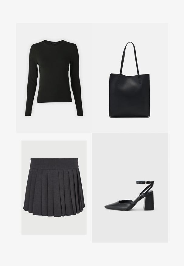 Camisa preta de mangas longas feita de um tecido suave, com decote redondo e forma ajustada, sem padrões ou detalhes visíveis.; Saia cinza plissada com uma cintura lisa e fecho de zíper, feita de um tecido texturizado, apresentando pregas profundas distribuídas uniformemente.; Sandal com biqueira afilada em couro preto, com cinta no tornozelo e salto grosso. Textura lisa, design elegante e estética minimalista.; Bolsa tote preta em couro com textura lisa, forma retangular e duas alças longas. Sem hardware ou enfeites visíveis.