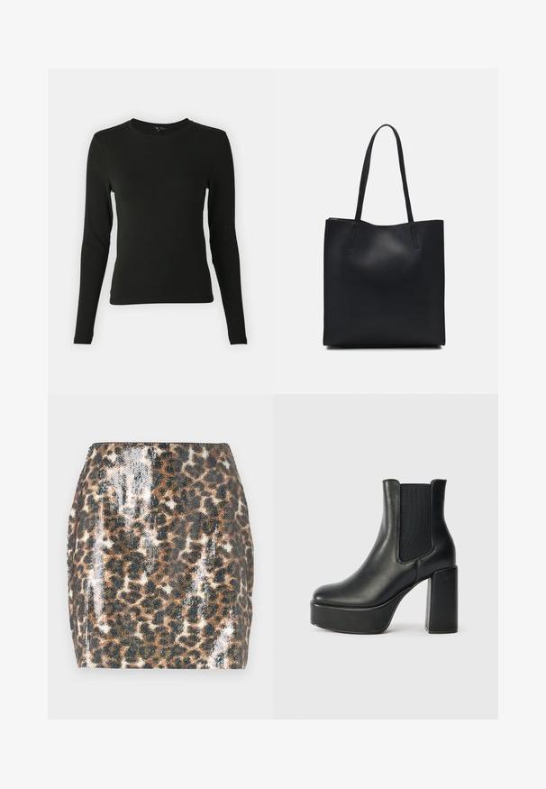 Crna majica dugih rukava izrađena od glatkog materijala, s okruglim izrezom i prilagođenim oblikom, bez vidljivih uzoraka ili ukrasa.; Mini suknja s uzorkom leoparda koja se ističe sjajnim materijalom, prilagođenim krojem, smeškim i crnim tonovima, te ravnim rubom.; Crne kožne gležnjače s masivnom blok petom, elastičnim bočnim panelima i glatkom teksturom. Imaju platformu za dodatnu visinu.; Crna kožna torba za nošenje s glatkom teksturom, pravokutnim oblikom i dvije duge ručke. Nema vidljivih metalnih dijelova ili ukrasa.