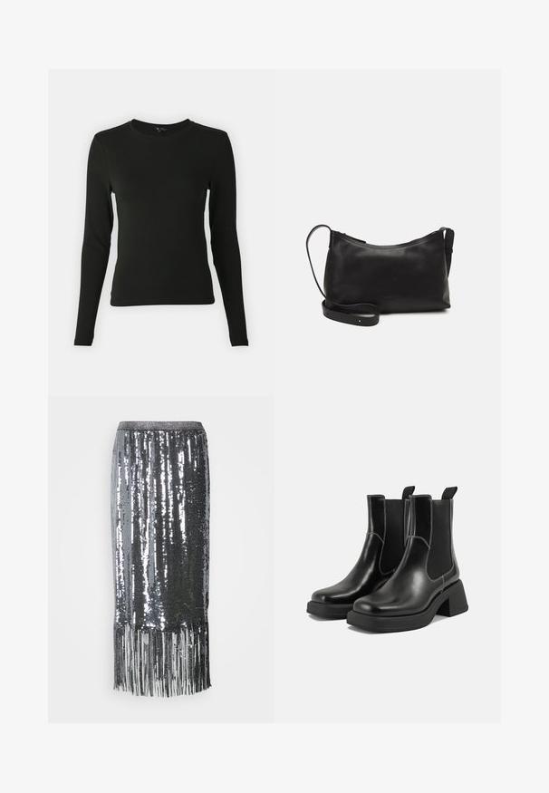 Langermet svart skjorte laget av glatt stoff, med rund halslinning og innsnevret passform, uten synlige mønstre eller aksenter.; Sølvglitrende knelangt skjørt med frynser nederst, har en tettsittende midje og en glatt, glitrende tekstur.; Sorte lær Chelsea støvler med en kraftig hæl, elastiske sidepaneler og kontrasterende hvid syning. Teksturert overflate.; Svart skinn skulderveske med glatt tekstur, buet form, justerbar stropp og glidelås. Minimalistisk design uten dekorasjoner.