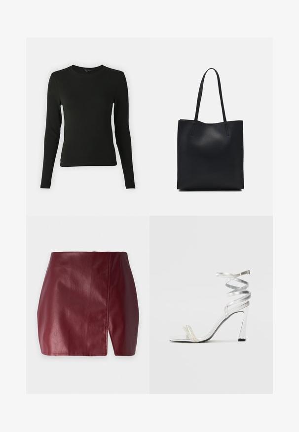 Cămașă neagră cu mânecă lungă, realizată dintr-un material neted, având un guler rotund și o croială ajustată, fără modele sau accente vizibile.; fustă mini burgundy din piele netedă, cu o deschidere frontală, talie înaltă și un design elegant, ajustat. Fără elemente de metal vizibile sau modele.; Sandale argintii cu toc înalt, cu un design strălucitor al baretei, având un accent asemănător unei perle și o curea spiralată pentru prindere sigură.; Geantă tote neagră din piele, cu textură netedă, formă rectangulară și două mânere lungi. Fără hardware vizibil sau ornamente.