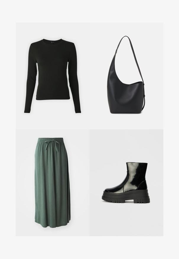 Halenka s dlhým rukávom v čiernej farbe, vyrobená z hladkej látky, so zaobleným výstrihom a priliehavým strihom, bez viditeľných vzorov alebo akcentov.; Zelená sukňa strednej dĺžky vyrobená z jemného materiálu s elastickým pásom a nastaviteľnou šnúrkou; hladká textúra a jednoduchý dizajn.; Čierne lesklé členkové čižmy s hrubou podrážkou a zaoblenou špičkou, bočný pohľad na jednoduchom svetlošedom pozadí.; Čierna kožená hobo taška so hladkou textúrou, zakriveným tvarom a jedným nastaviteľným popruhom; má široké otvorenie na vrchu.
