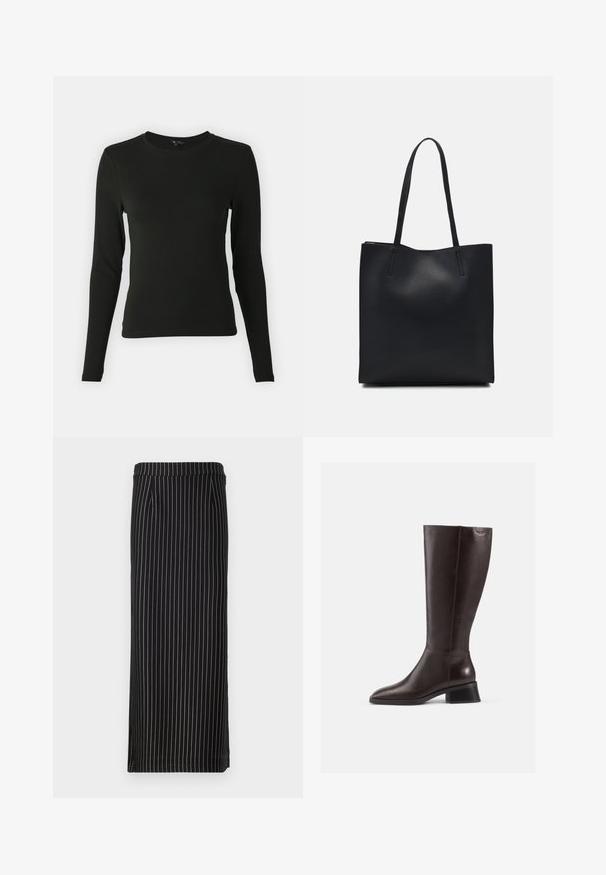 Camisa negra de manga larga hecha de una tela suave, con un cuello redondo y forma ajustada, sin patrones ni acentos visibles.; Falda lápiz negra con rayas verticales en blanco y tonos claros, con cinturilla y dos bolsillos laterales. Textura de tela suave.; Botas de cuero marrón hasta la rodilla con un acabado suave, punta redonda y un tacón negro de pala. Diseño simple con detalles de herrajes mínimos.; Bolso tote de cuero negro con textura lisa, forma rectangular y dos asas largas. Sin herrajes ni adornos visibles.