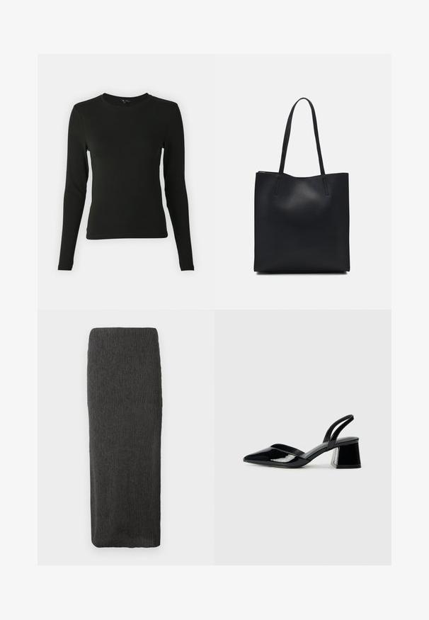 Chemise noire à manches longues en tissu lisse, avec un col rond et une coupe ajustée, sans motifs ni accents visibles.; Jupe noire longue et droite texturée avec une taille haute et un léger fuselage vers l'ourlet sur un fond blanc.; Escarpins en cuir verni noir avec bout pointu et talon bloc géométrique. Présente un design élégant et minimaliste ainsi qu'une texture lisse.; Sac fourre-tout en cuir noir avec une texture lisse, de forme rectangulaire et deux longues poignées. Pas de matériel ou d'ornementations visibles.