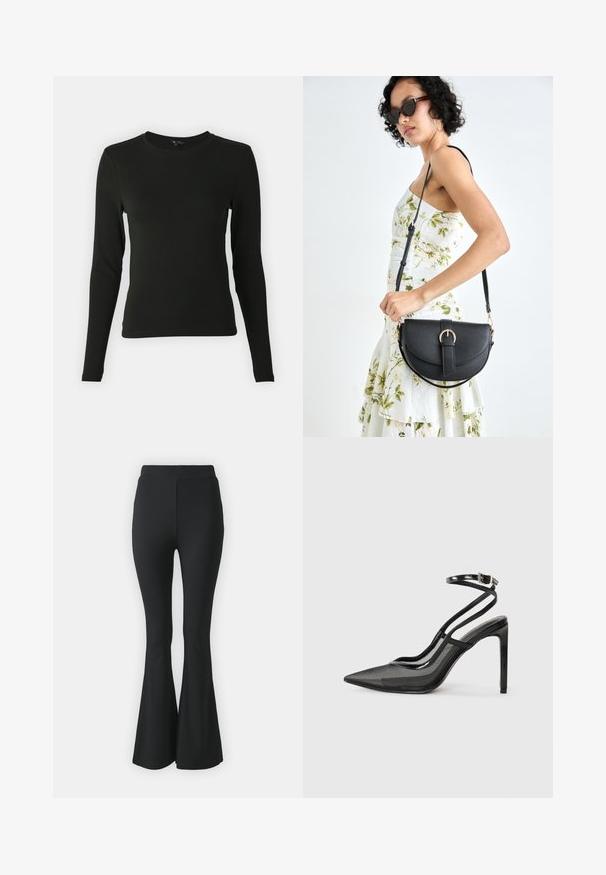 Long-sleeve black shirt made of smooth fabric, featuring a round neckline and fitted shape, with no visible patterns or accents.; Black flared trousers made from stretchy fabric. Features a high waistband and a smooth, fitted design that flares from the knee downward.; Black high-heeled pump with pointed toe, mesh and patent leather combination, ankle strap with buckle detail, sleek silhouette.; Black leather handbag with a curved shape, detachable strap, and gold hardware. The bag features a flap with a buckle detail.
