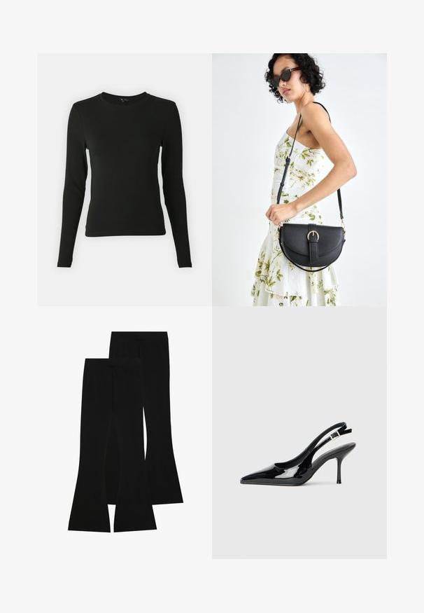 Langermet svart skjorte laget av glatt stoff, med rund halslinning og innsnevret passform, uten synlige mønstre eller aksenter.; Svarte flagrende bukser laget av elastisk stoff, med høy livlinje og en jevn tekstur, samt en tettsittende design som flarer fra kneet.; Sorte lakk pelle slingback pumpe med spiss tå og slank hæl. Har en justerbar spennestropp bak. Jevn tekstur.; Svart lærveske med en buet form, avtagbar stropp og gullbeslag. Vesken har et klaff med spenne-detall.