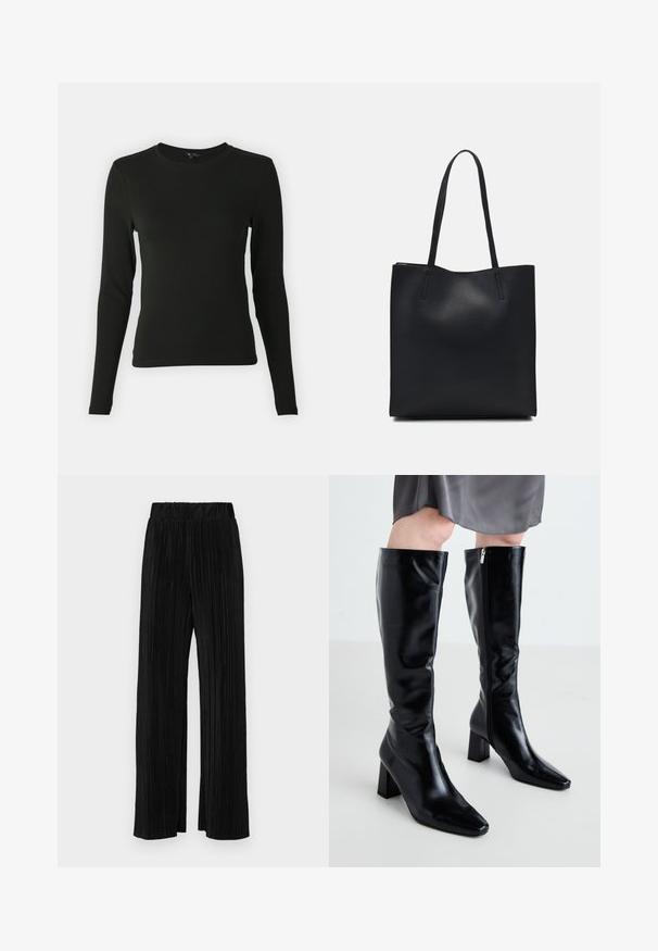 Juodas ilgomis rankovėmis marškinys, pagamintas iš lygaus audinio, su apvaliu iškirpimu ir prigludusia forma, be matomų raštų ar akcentų.; Juodi plisuoti kelnės su elastine juosta. Turėkite plačias kojas ir glotnų, tekstūrinį audinį su vertikaliais dryžiais.; RAID HETTY - Batai - black; Juodas odinis tote krepšys su lygia tekstūra, stačiakampio formos ir dviem ilgais rankenomis. Matomų metalinių detalių ar puošybos nėra.