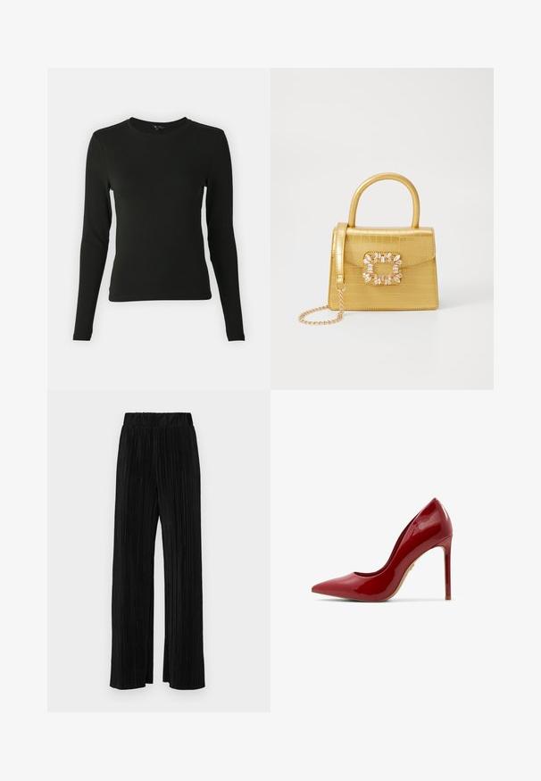 Juodas ilgomis rankovėmis marškinys, pagamintas iš lygaus audinio, su apvaliu iškirpimu ir prigludusia forma, be matomų raštų ar akcentų.; Juodi plisuoti kelnės su elastine juosta. Turėkite plačias kojas ir glotnų, tekstūrinį audinį su vertikaliais dryžiais.; Raudoni lakuoti aukštakulniai su smailiu pirštu, lygiu paviršiumi ir plonu stiletto kulnu su smėlio spalvos padu.; Geltonas dirbtinės krokodilo odos rankinukas su standžiu dizainu, viršutine rankena, nuimamu grandininiu dirželiu ir dekoratyviniu krištolo papuošimu ant užsegimo.