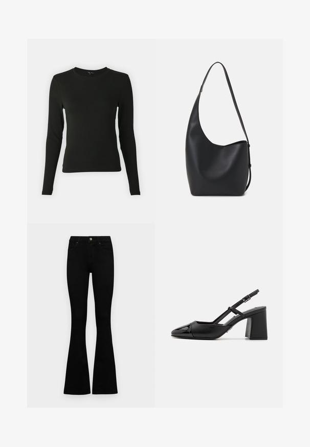 Crna majica dugih rukava izrađena od glatkog materijala, s okruglim izrezom i prilagođenim oblikom, bez vidljivih uzoraka ili ukrasa.; Crne traperice viskog struka s kopčanjem na gumb i rajfeslusu, prednjim džepovima i širom nogavicama položene su ravno na bijeloj pozadini.; Crni lakirani slingback potpetice s šiljastim vrhom, blok petom i podesivim remenom. Glatka tekstura i minimalistički dizajn.; Crna kožna hobo torba s glatkom teksturom, zakrivljenim oblikom i jednom podesivom trakicom; ima širok otvor na vrhu.