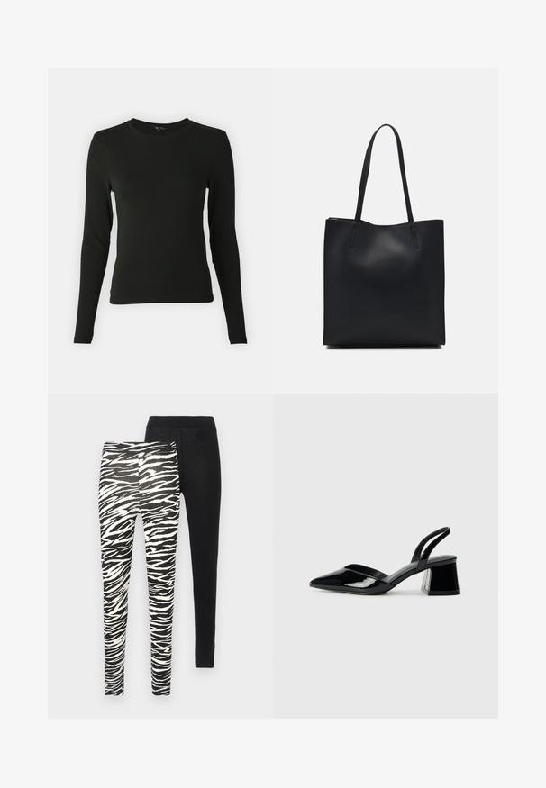 Camisa preta de mangas longas feita de um tecido suave, com decote redondo e forma ajustada, sem padrões ou detalhes visíveis.; Duas calças leggings: uma com um padrão de riscas de zebra pretas e brancas, e a outra totalmente preta. Ambas têm cinturas elástico ajustadas.; Sandy em verniz preto com salto slingback, ponta afilada e salto geométrico. Apresenta um design elegante e minimalista com textura suave.; Bolsa tote preta em couro com textura lisa, forma retangular e duas alças longas. Sem hardware ou enfeites visíveis.