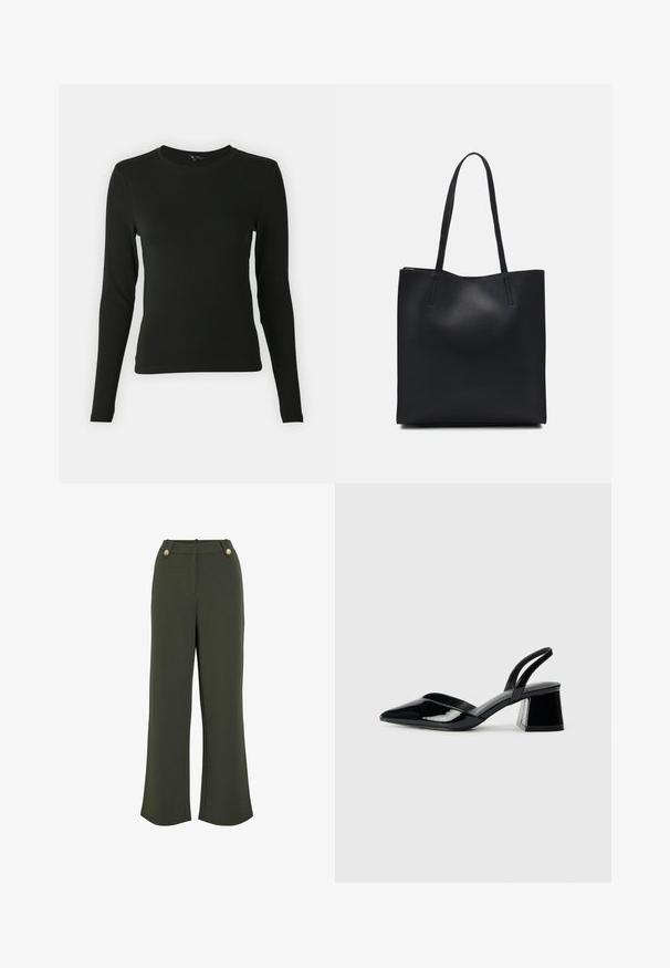 Long-sleeve black shirt made of smooth fabric, featuring a round neckline and fitted shape, with no visible patterns or accents.; Olive green wide-leg trousers with a smooth texture, featuring two gold-tone buttons at the waistband and a clean, tailored silhouette.; Black patent leather slingback heels with a pointed toe and a geometric block heel. Features a sleek, minimal design and smooth texture.; Black leather tote bag with smooth texture, rectangular shape, and two long handles. No visible hardware or embellishments.