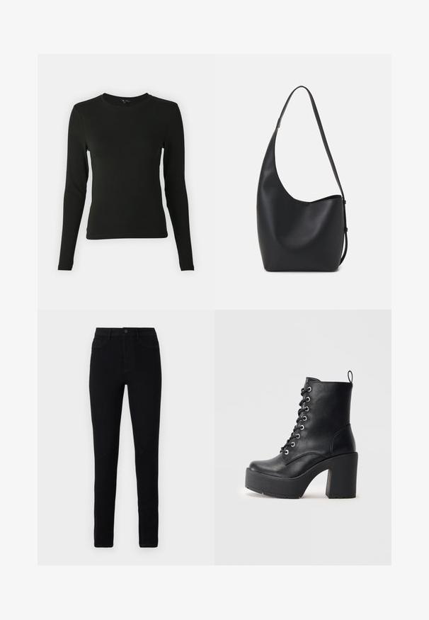 Camisa preta de mangas longas feita de um tecido suave, com decote redondo e forma ajustada, sem padrões ou detalhes visíveis.; Jeans skinny de denim preto com cintura alta, cinco bolsos, fecho frontal com zip e costura em contraste subtil ao longo das costuras.; Botim de pele preta até ao tornozelo com um salto bloco chunky, frente com atacadores e superfície texturizada. Apresenta uma lingueta na parte de trás para um uso fácil.; Saco hobo preto em pele com uma textura lisa, forma curva e uma única alça ajustável; apresenta uma abertura larga na parte de cima.